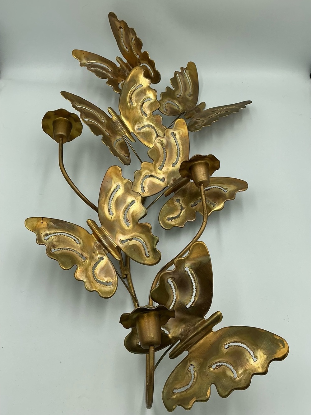 Vtg MCM Metal Art Brass Butterflies Wall Hanging 3 Candle Sconces 24” x 11” EUC - Picture 2 of 5